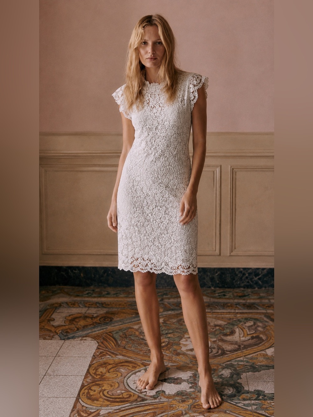 H&M White Lace Cap-Sleeve Midi Dress